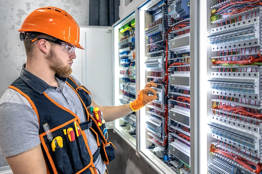 electricista masculino que trabaja en el panel electrico electricista femenino en mono copia
